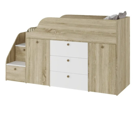 Кровать-чердак Хэппи-2 (дуб золотистый + белый) 180х80 от Династия Kids