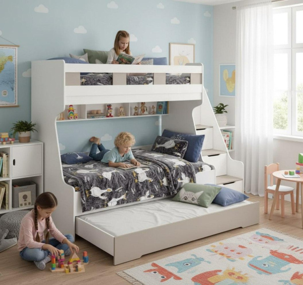 Кровать 3-х ярусная РУМ 120х200 (цвет белый) 