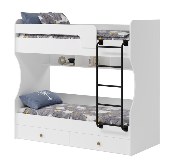 Кровать 2-х ярусная Омега (цвет белый + лестница черная) 190х80 от Династия Kids